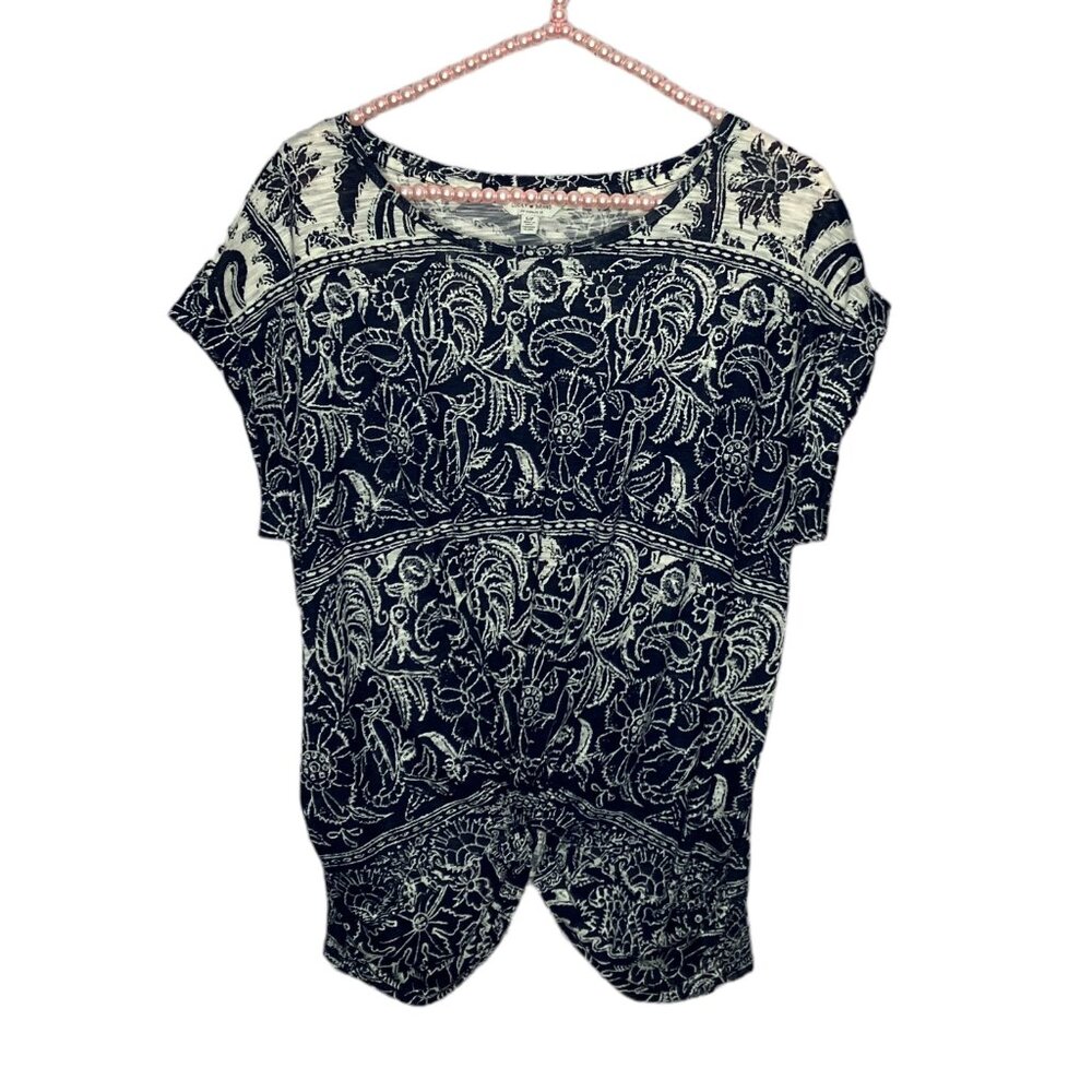 Lucky Brand‎ Small S Blue Floral Paisley Cotton Modal Knot Front Slub Knit Tee